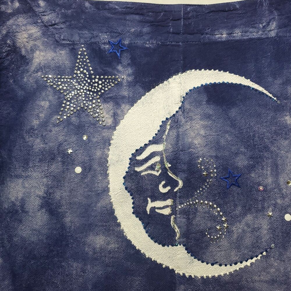 S Batik Tie Dye Sun Moon Blouse Square Neck 3/4 Sleeve Indigo Blue Celestial - Picture 10 of 10